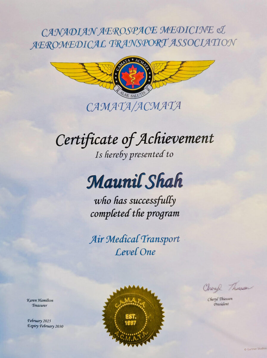Dr. Maunil Shah Air Medical Transport Level 1 Certification from CAMATA/ACMATA for advanced critical care in aeromedical transport.